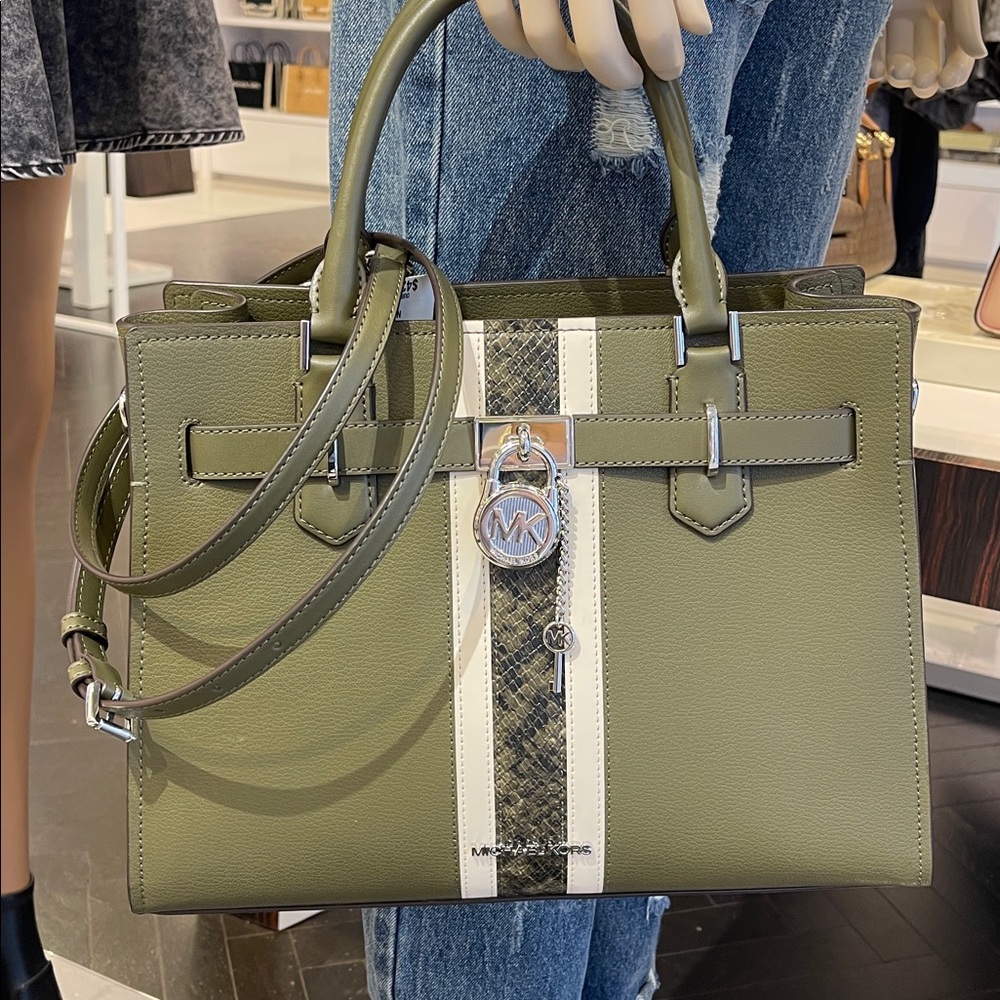 MICHAEL KORS Hamilton Md Leather and Snake Embossed Stripe Satchel
Olive 
NWT - Picture 11 of 16